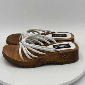 Vintage 90s Y2K Bongo Wood Platform Wedge Heels White Leather Thong Sandals Sz 6